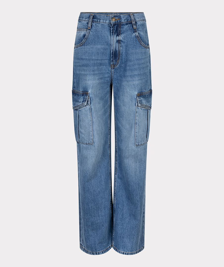 【YOURNUS】Take Cargo Wide Denim Pants Women's Casual Mid Waist Cargo Jeans Stretch Wide Leg Denim